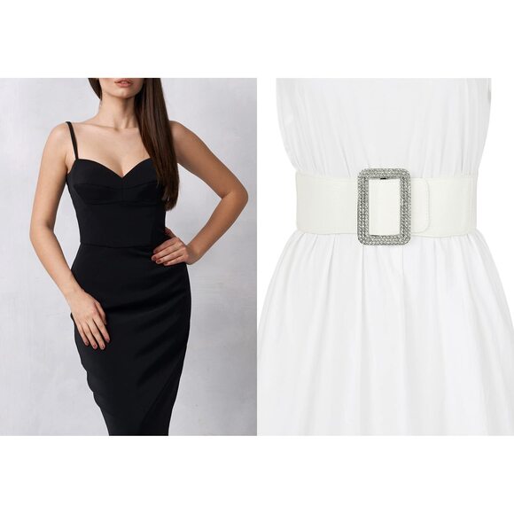 3625 Women Stretchy Waist Belt, Faux Leather Rhinestone Buckle Wide Elastic main image 4